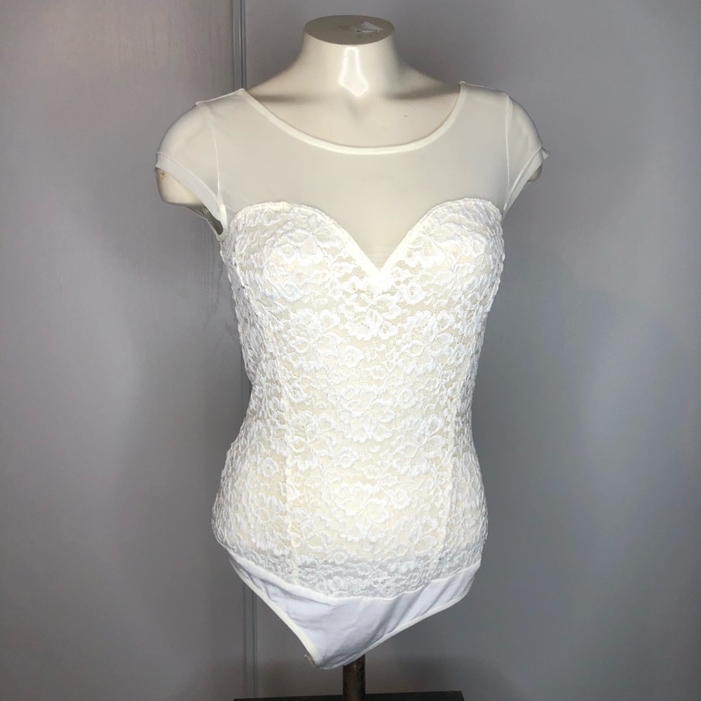 BEBE ivory sheer lace bodysuit